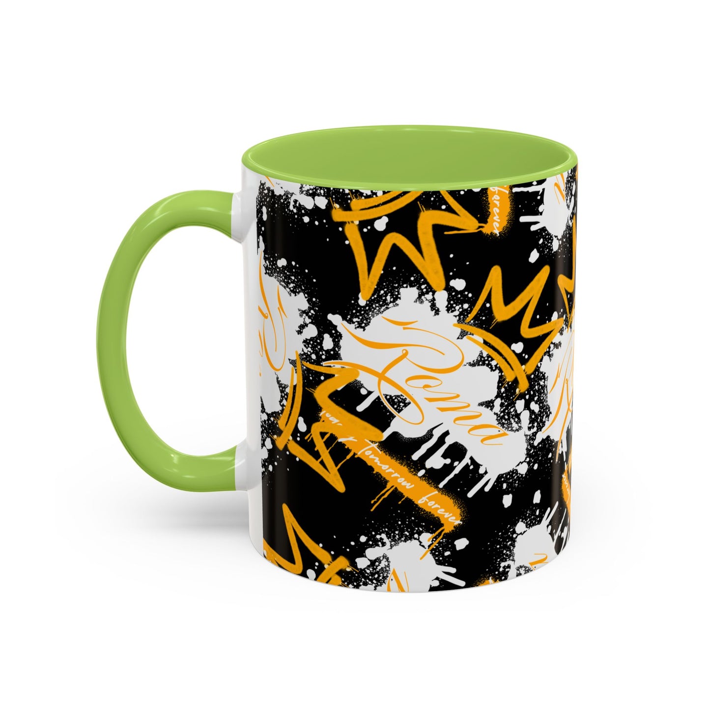 White coffee mug with minimalist ROMA lettering wrapped around the side.