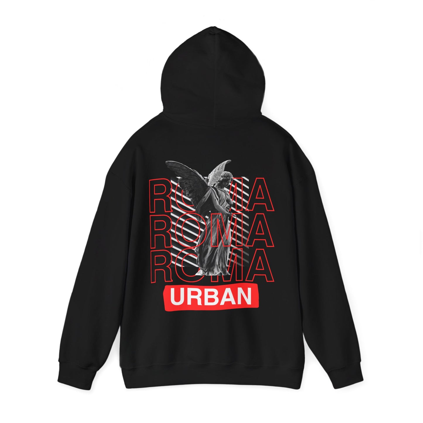 Edgy black hoodie featuring statue-embedded ROMA typography and street-lifestyle “URBAN” note beneath.