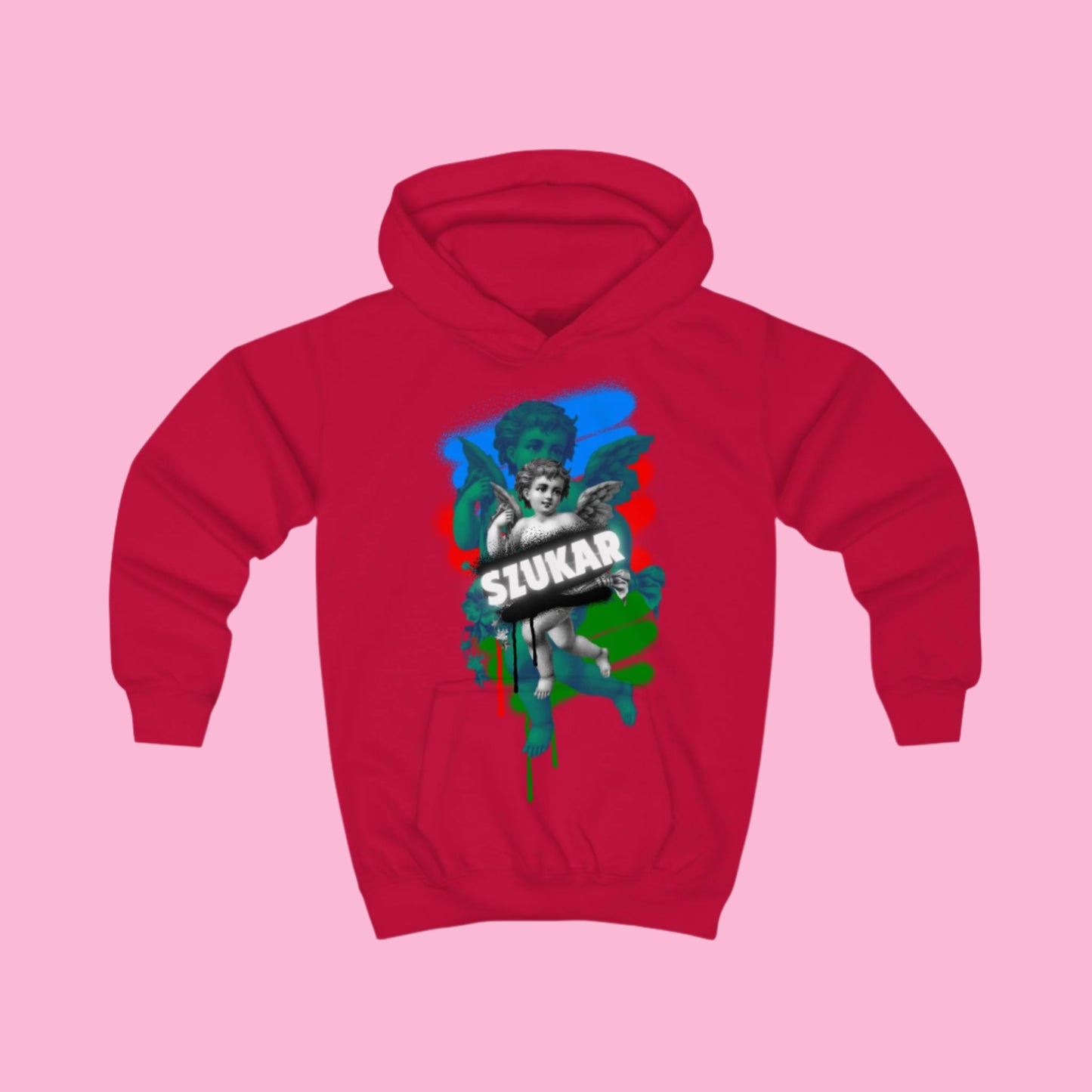 Children’s red hoodie featuring angel artwork framed by blue, red, green, and white accents