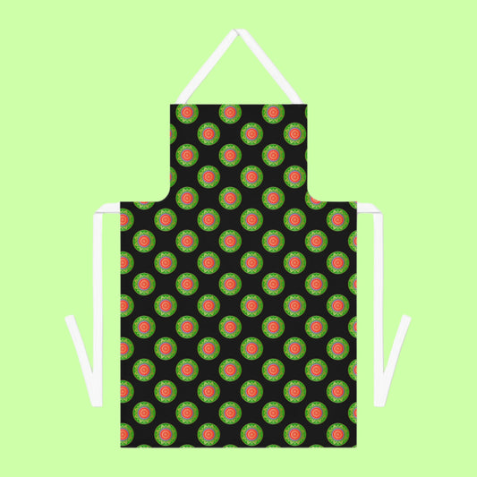 Full-length apron with edgy design and adjustable white ties for adults.