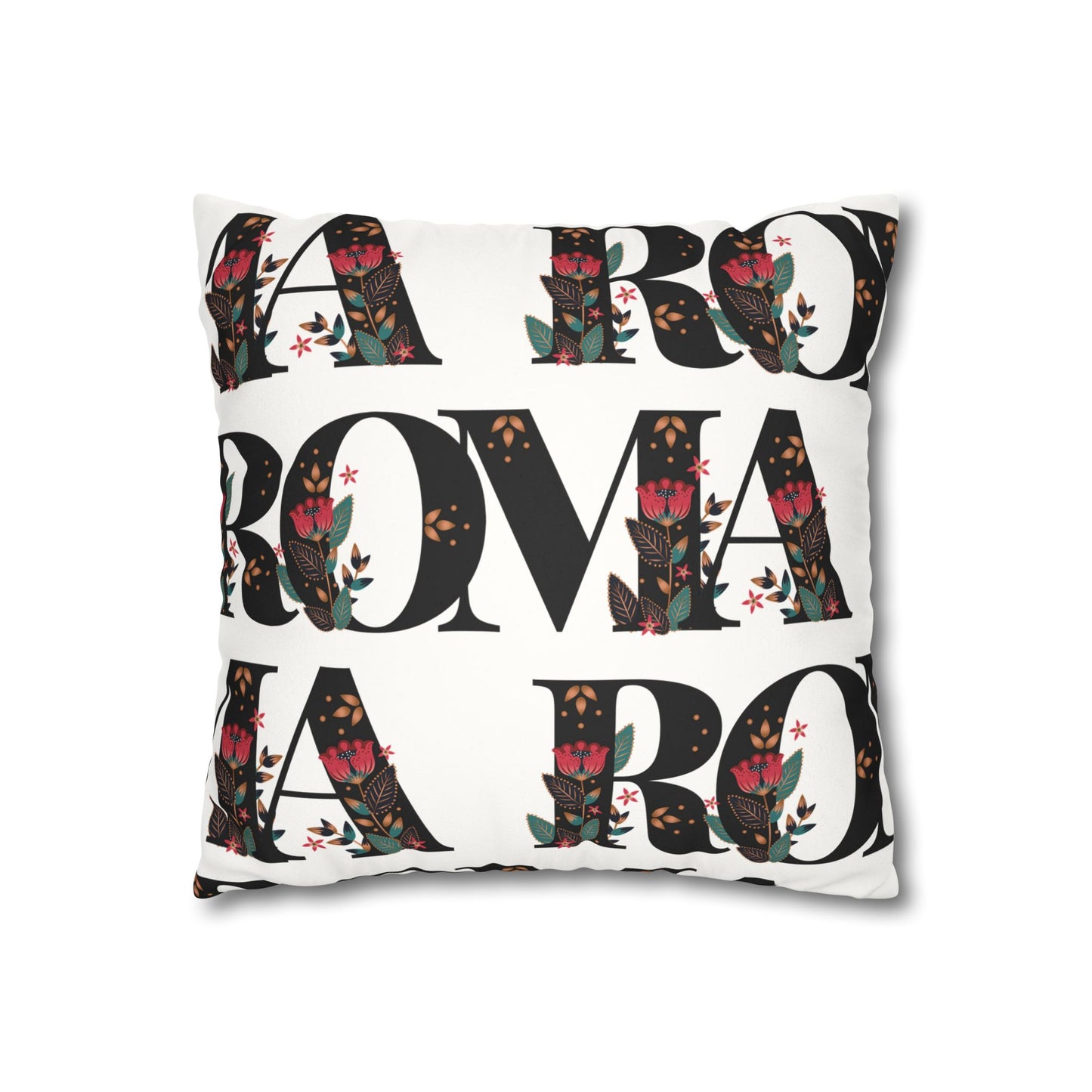 Minimalist white pillow featuring oversized ROMA lettering in modern font.