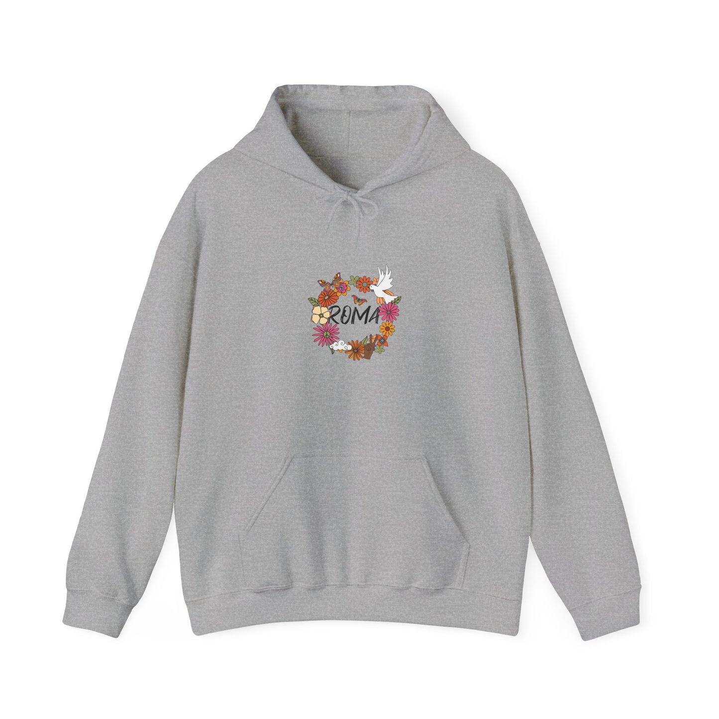 Graphic hoodie with vivid flowers circling a calm dove silhouette, paired with statement “ROMA” typography.
