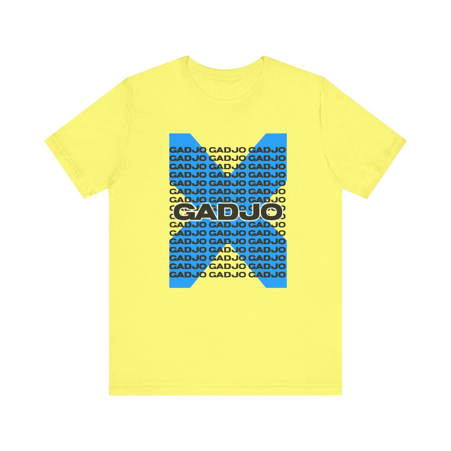 Short sleeve t-shirt with bold GADJO text in gold foil print across the chest.