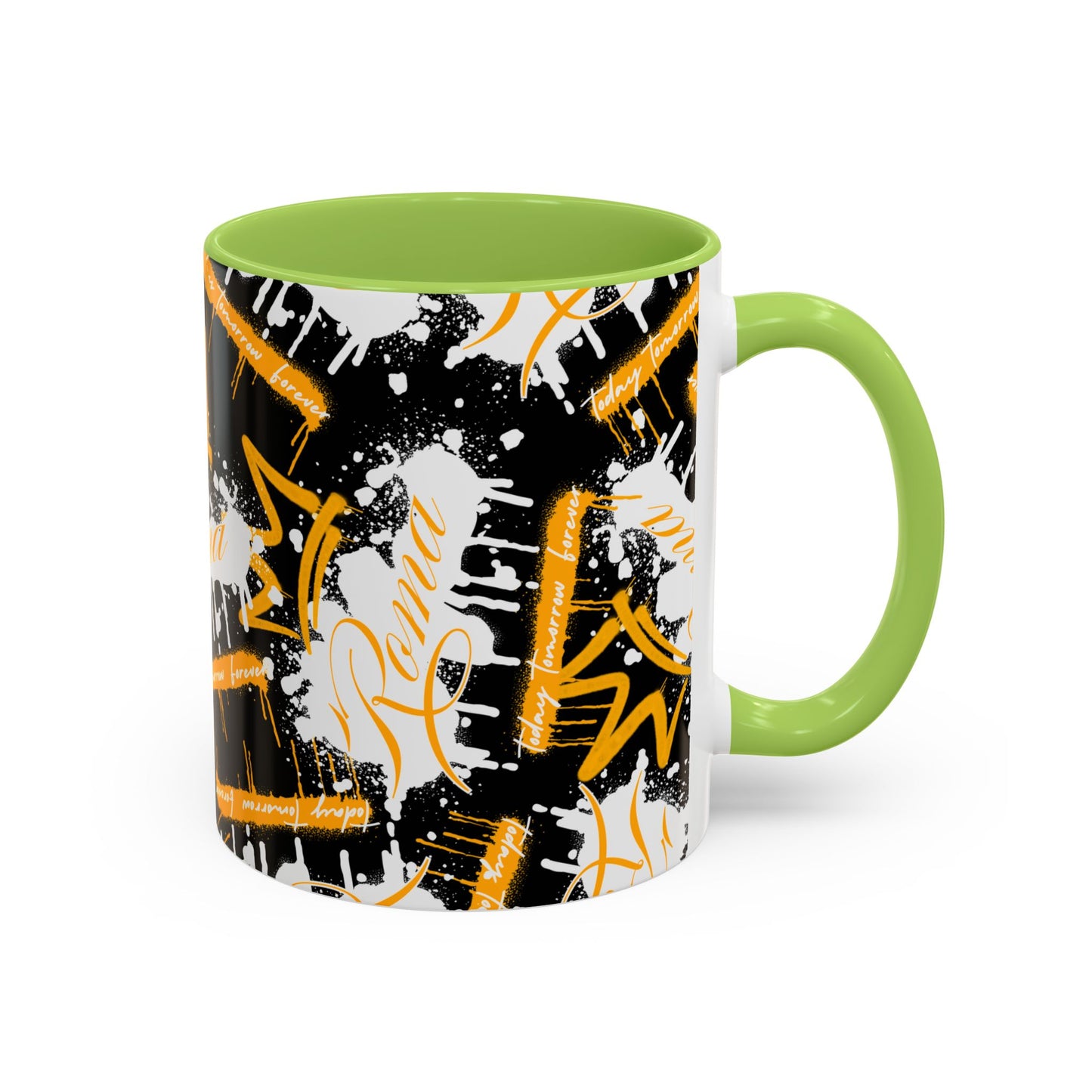 Stylish mug displaying large ROMA text in a vertical arrangement.