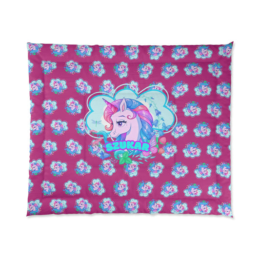 Cozy throw blanket with a colorful unicorn print and rainbow accents.