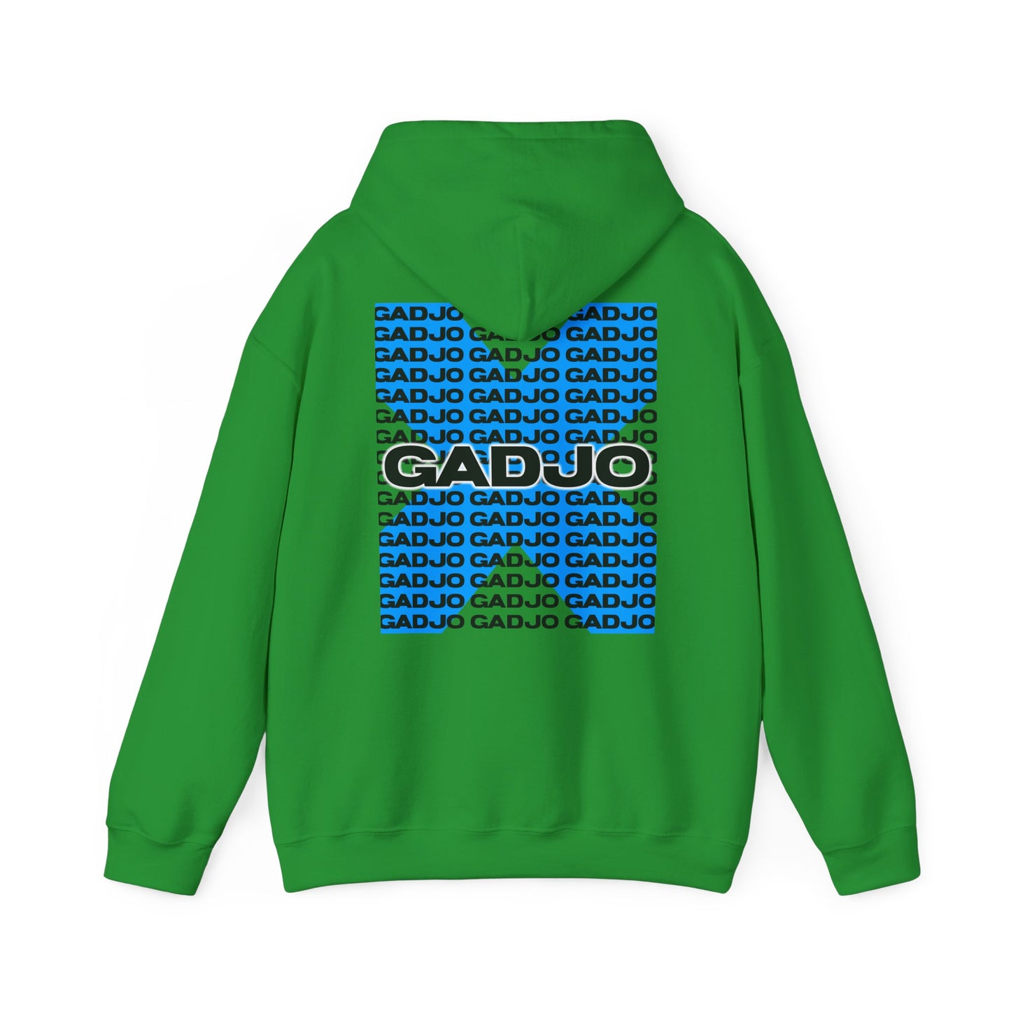 Full-zip hoodie with diagonal “GADJO” lettering wrapping across the torso.