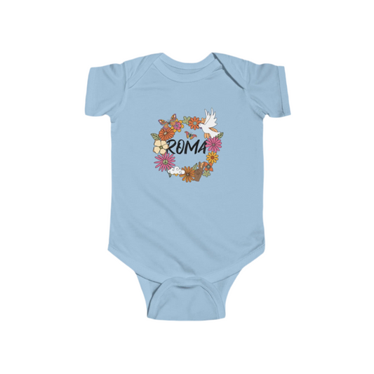 Light blue baby onesie with floral wreath and 'Roma' text on a white background