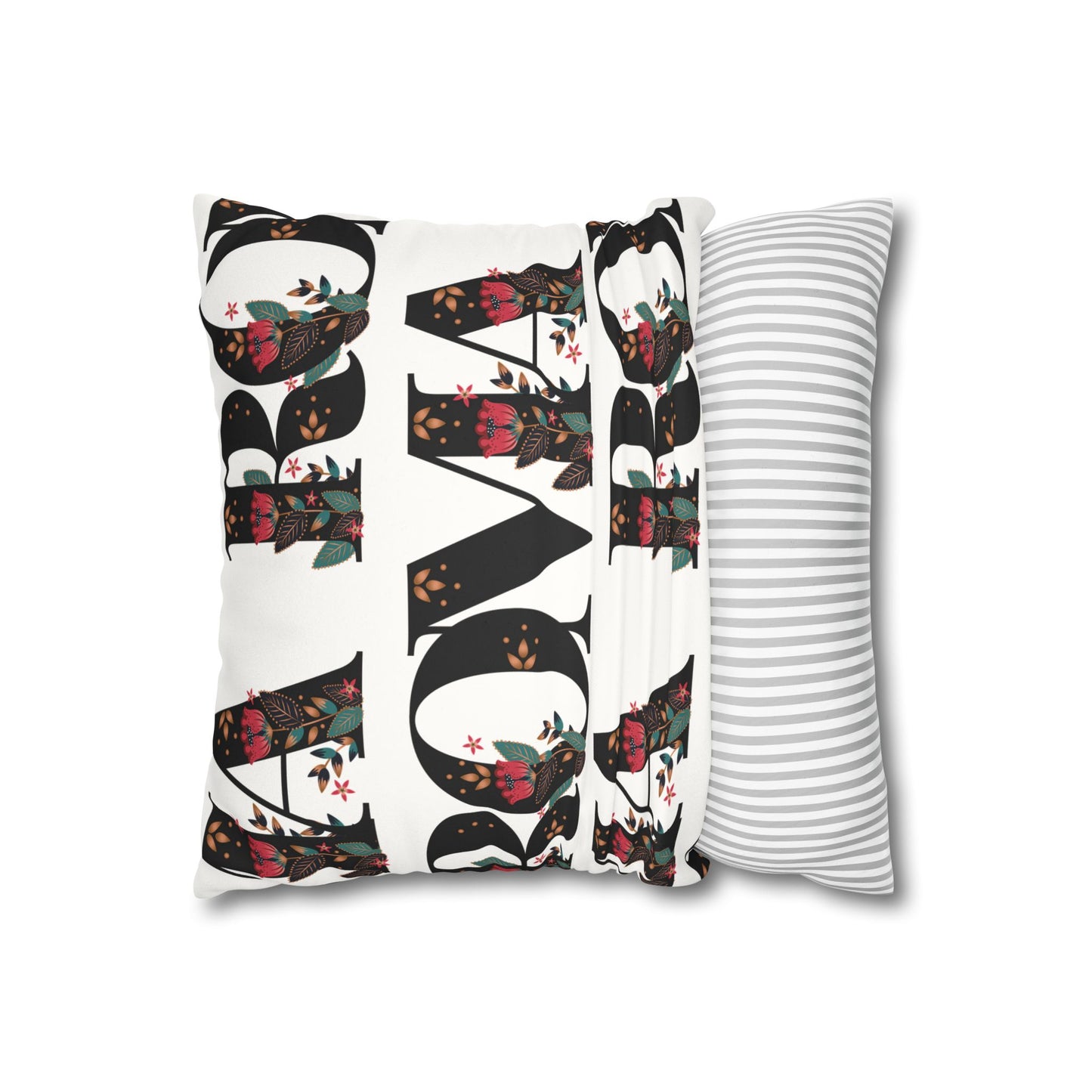 White throw pillow with bold black ROMA text centered on the front.