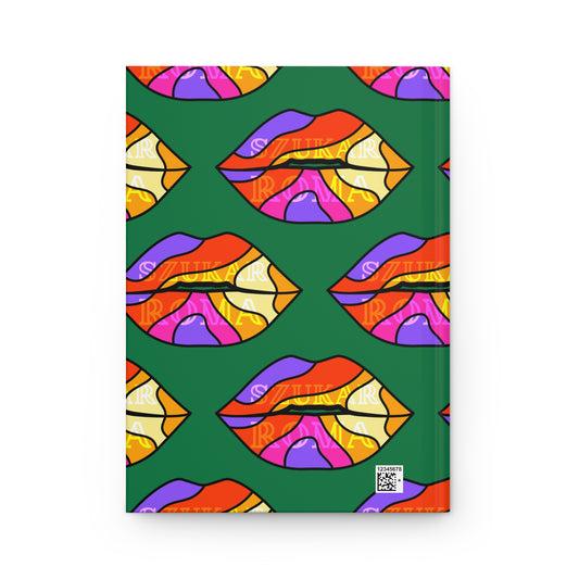 Eye-catching notebook cover with lips art and green ROMA print