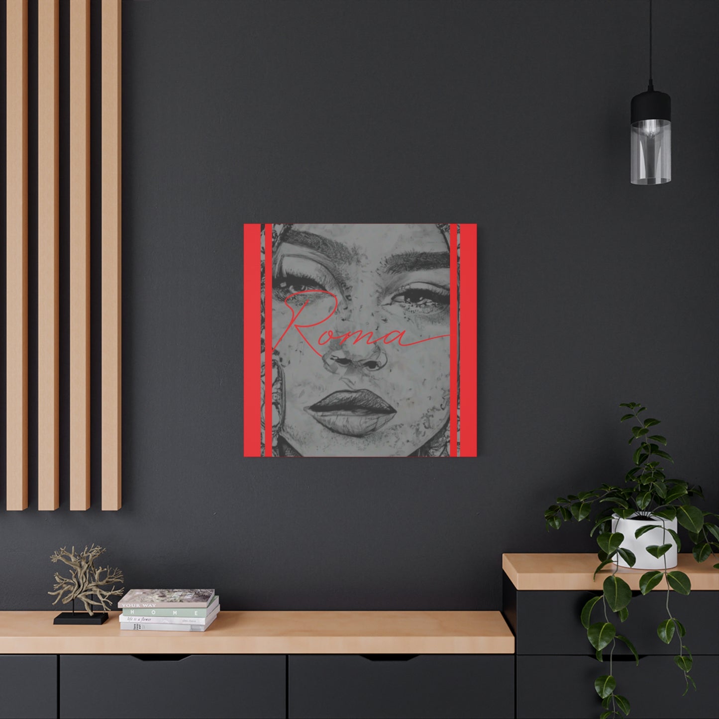 Canvas design merging a detailed girl’s sorrowful eyes with a bold yet simple ROMA title, evoking resilience and story.
