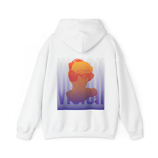 Fashionable hoodie featuring ‘ROMA’ print, a girl’s image in front, and ‘VISION’ text in the background.
