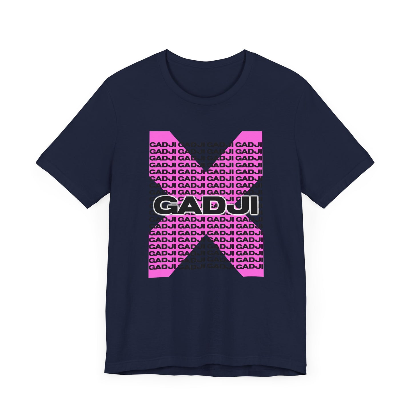 Classic black t-shirt with white GADJI text designed in vintage Roman typography.