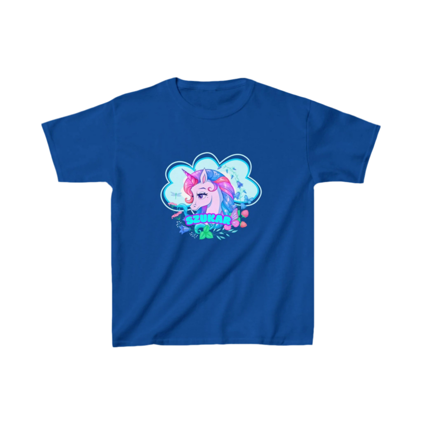 Blue t-shirt with a colorful unicorn graphic on a white background