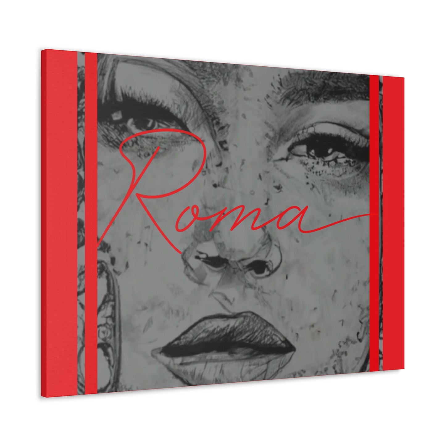 Modern wall canvas capturing vulnerability through a girl’s expressive eyes and bold ROMA lettering.