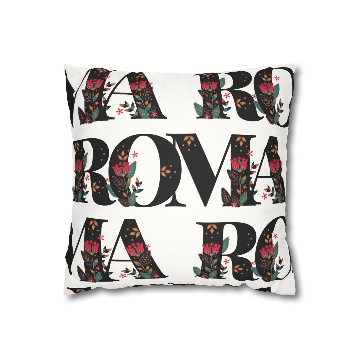 Home décor pillow with striking ROMA text print on plain white background.