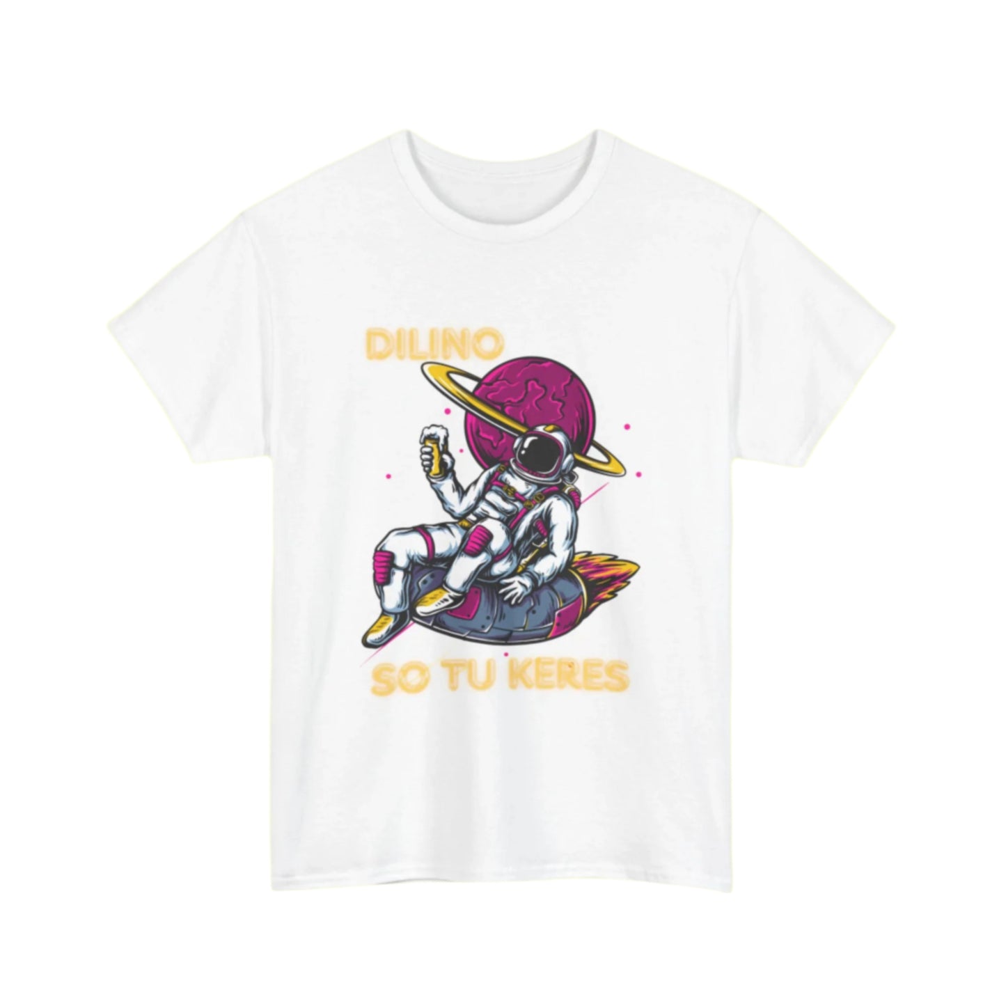 Comfortable cotton tee with ‘DILINO’ text, nastrabnout image, and ‘SO TU KERES’ text below.