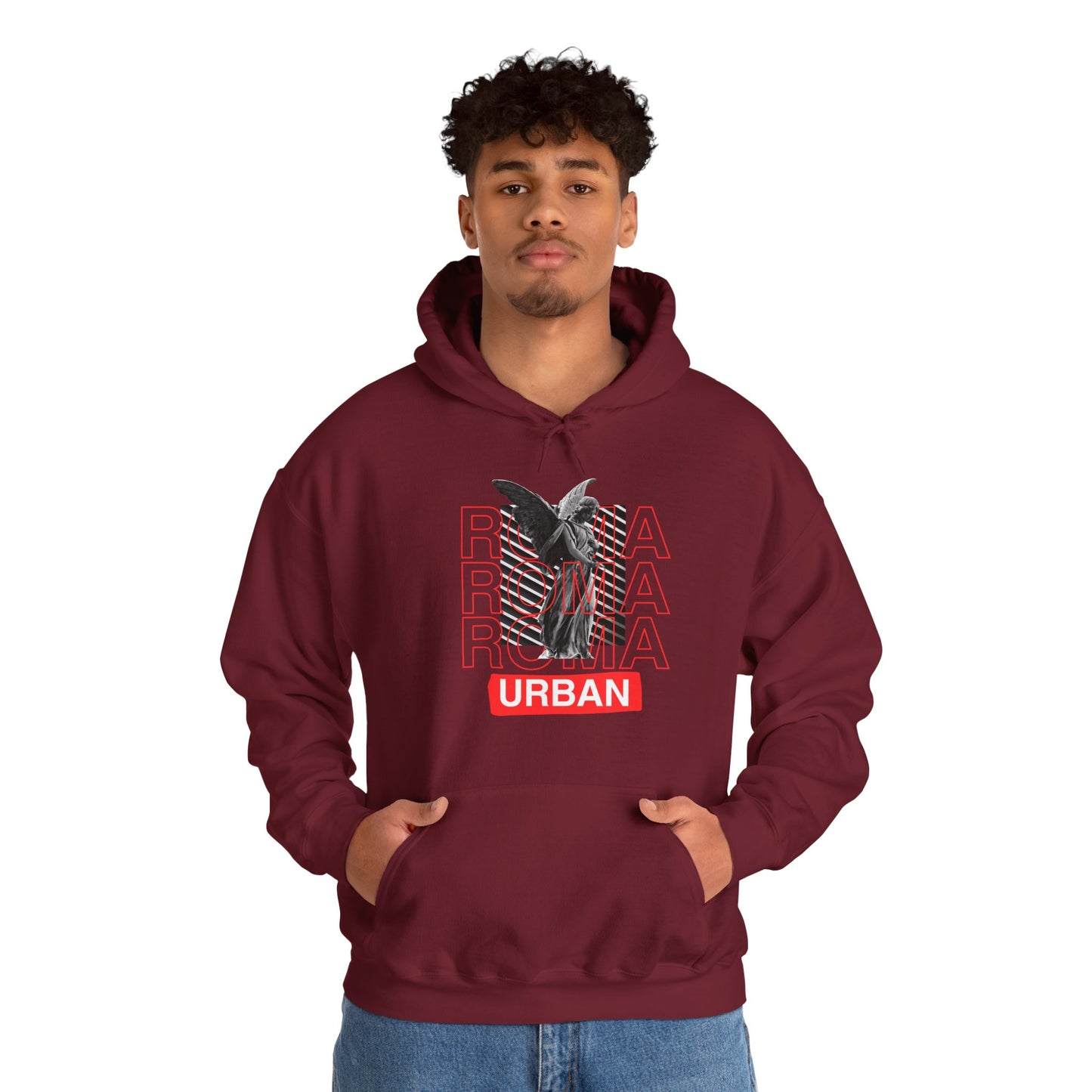 Clean hoodie aesthetic with sculptural figure within ROMA lettering and “URBAN” inscription.