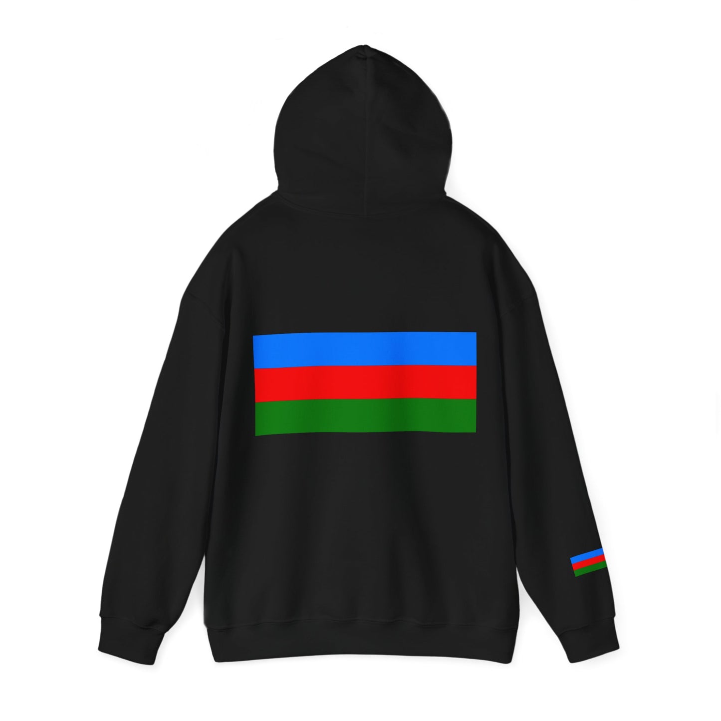 Soft hoodie with Roma flag-inspired color blocks blending red, yellow, and blue tones.