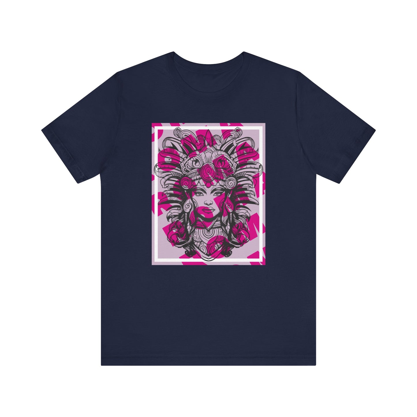 Short sleeve t-shirt with an intricate design of a girl framed in Roma tribal motifs, symbolizing strength and heritage