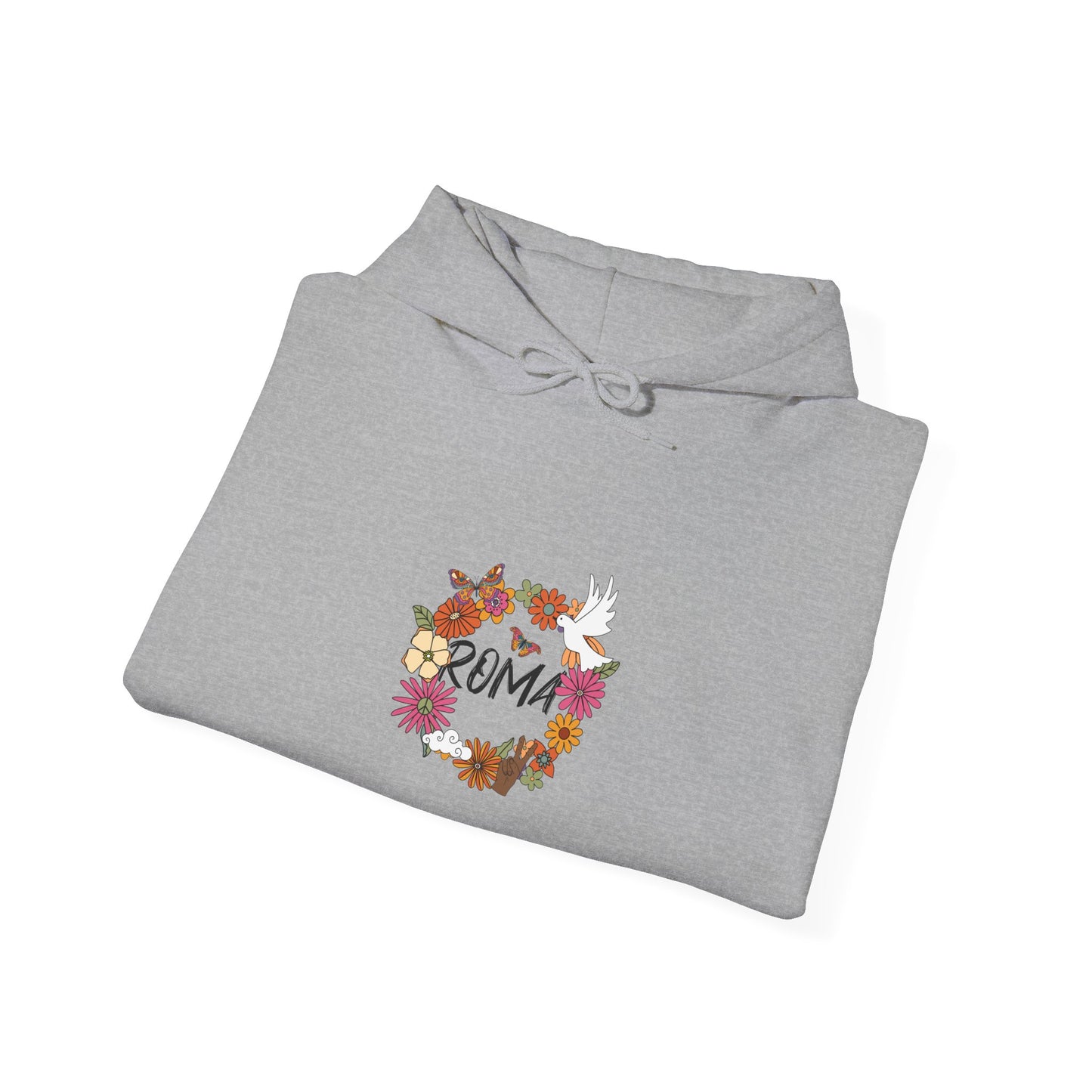 Comfortable hoodie featuring a wreath of soft petals in a circle shape, enclosing a dove and the text “ROMA.”