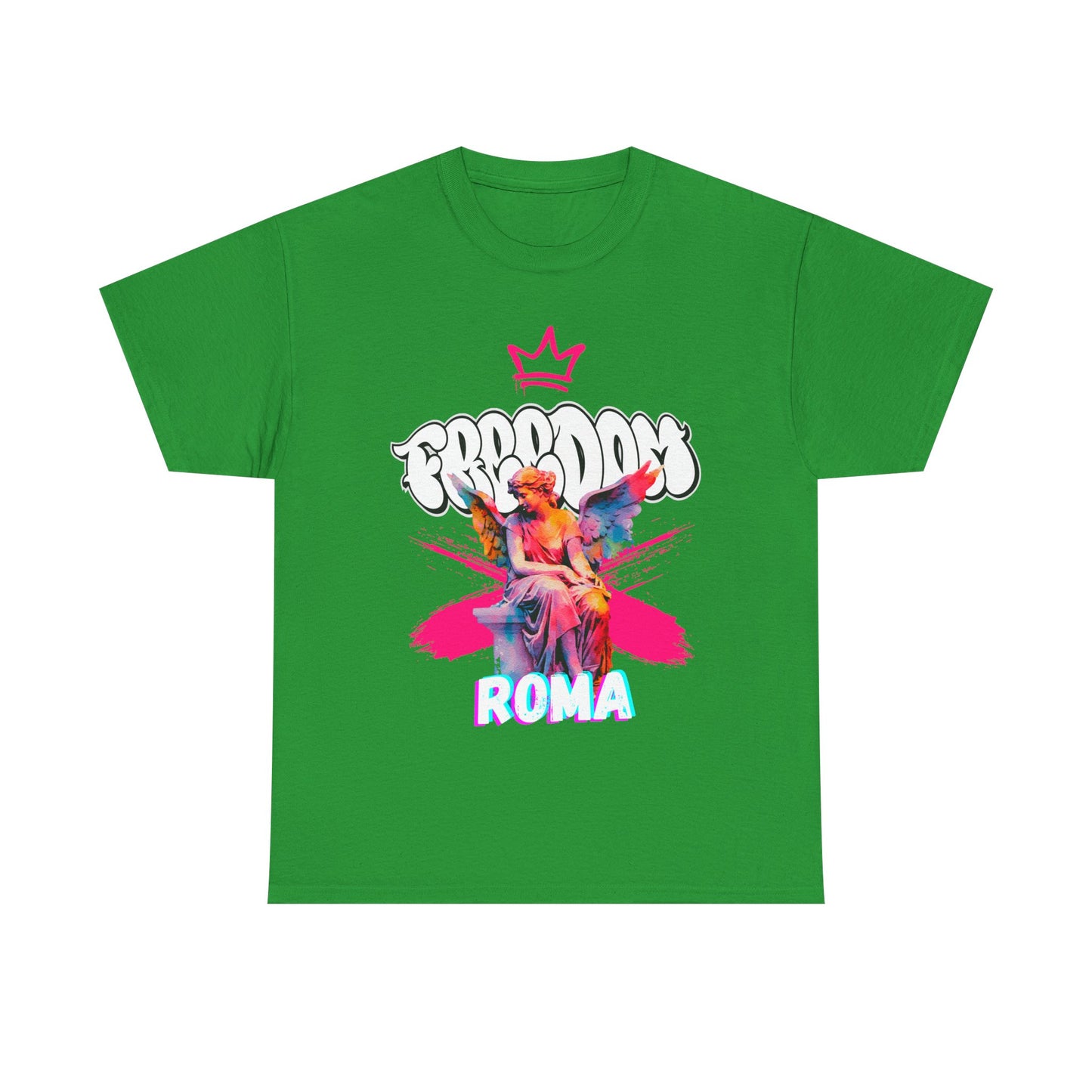 Vibrant GREEN shirt with romantic pink angel and minimalist ROMA text for kids