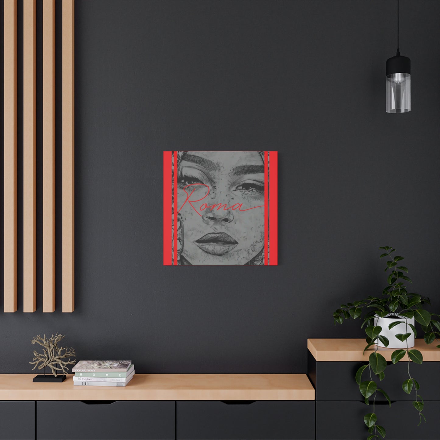 Wall-mounted canvas featuring a poignant close-up of a girl in tears, complemented by artistic ROMA lettering for a dramatic finish.