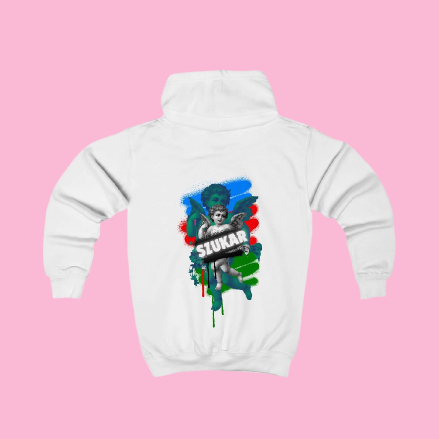 White hoodie for kids with angel design set against a blue, red, green Roma backdrop