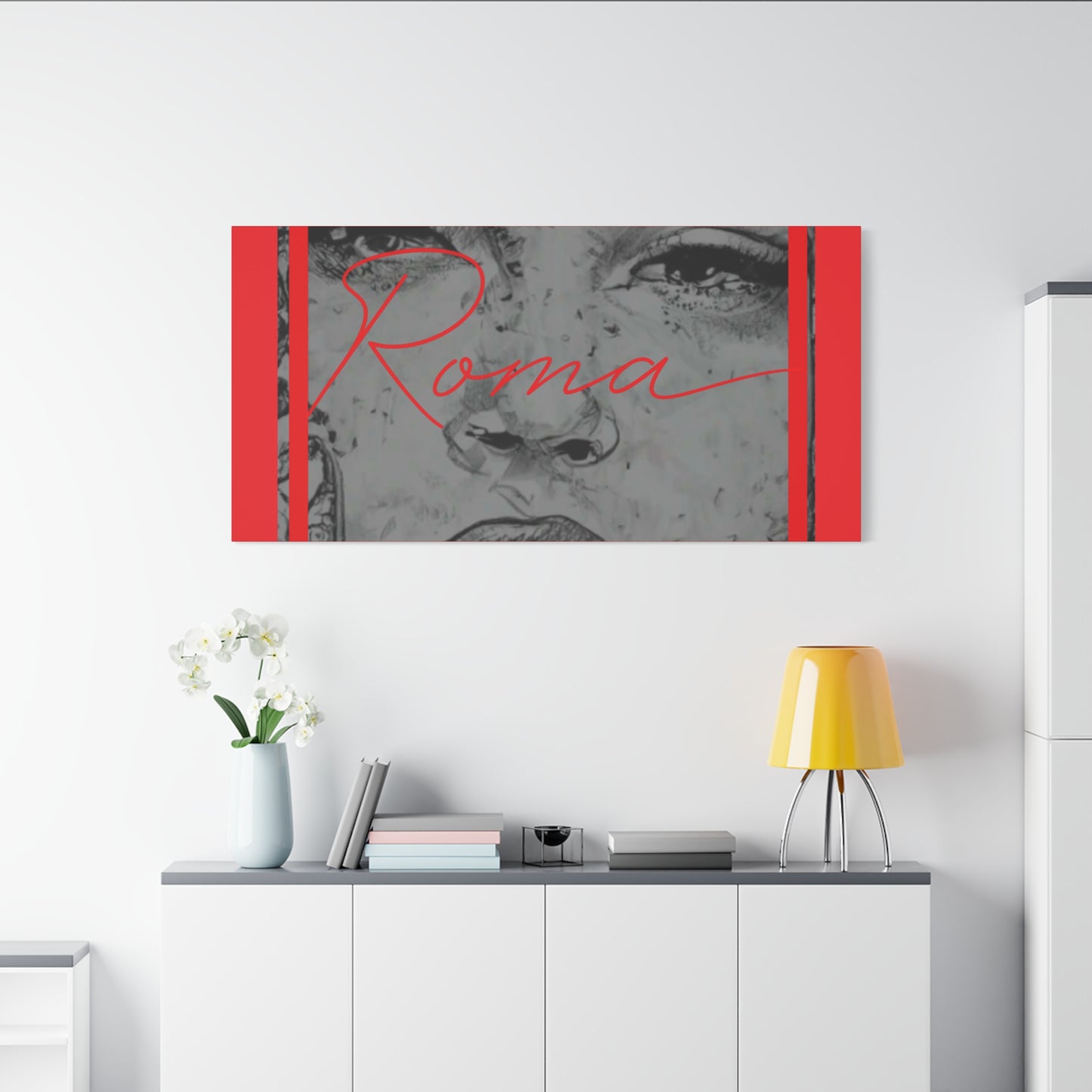 Wall art canvas that blends softness and strength: a close-up of a teary girl and bold ROMA font.