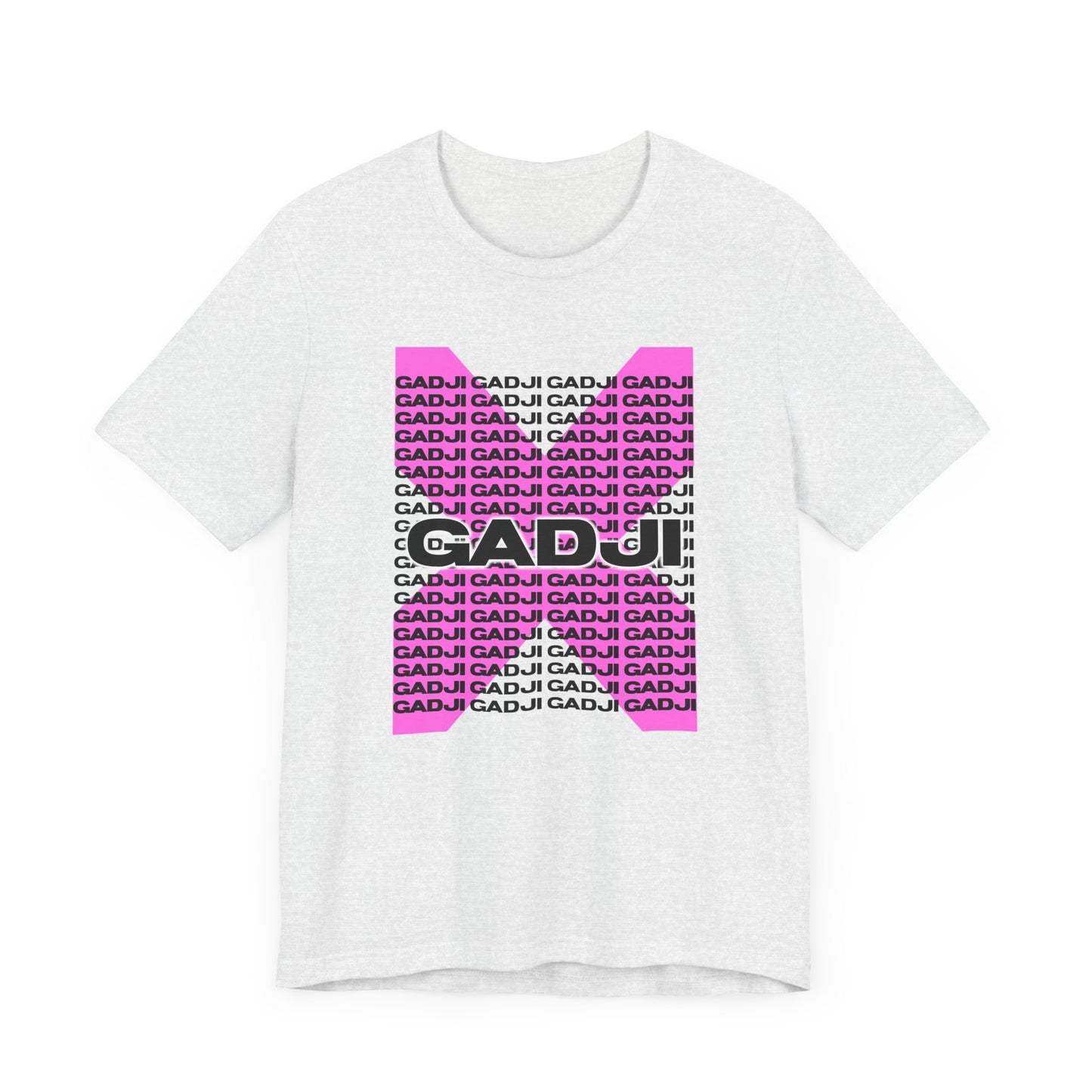 Basic fit tee with standout GADJI text design in metallic or foil finish.
