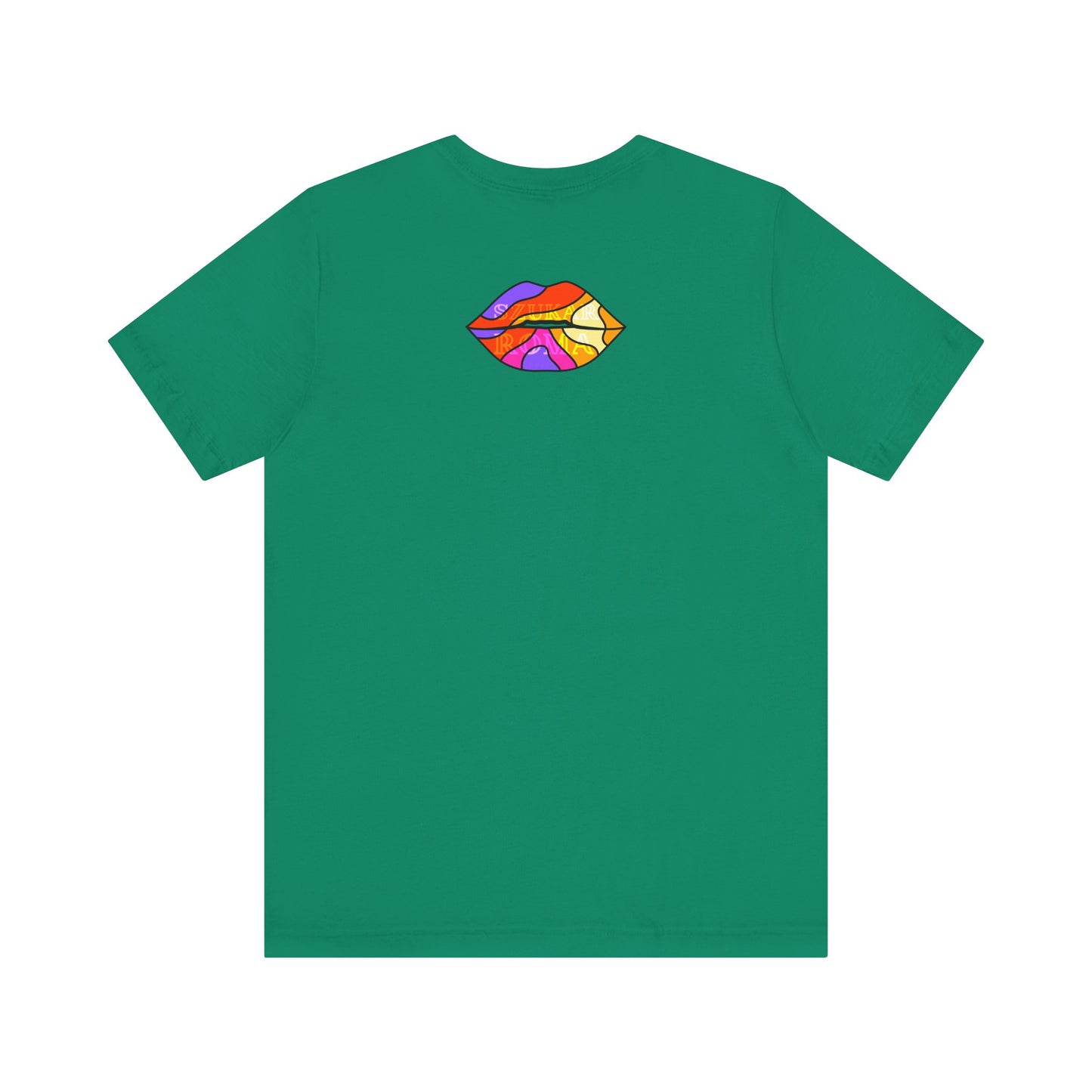 Multicolored lip print on t-shirt with whisper-faint SUKAR ROMA logo beneath
