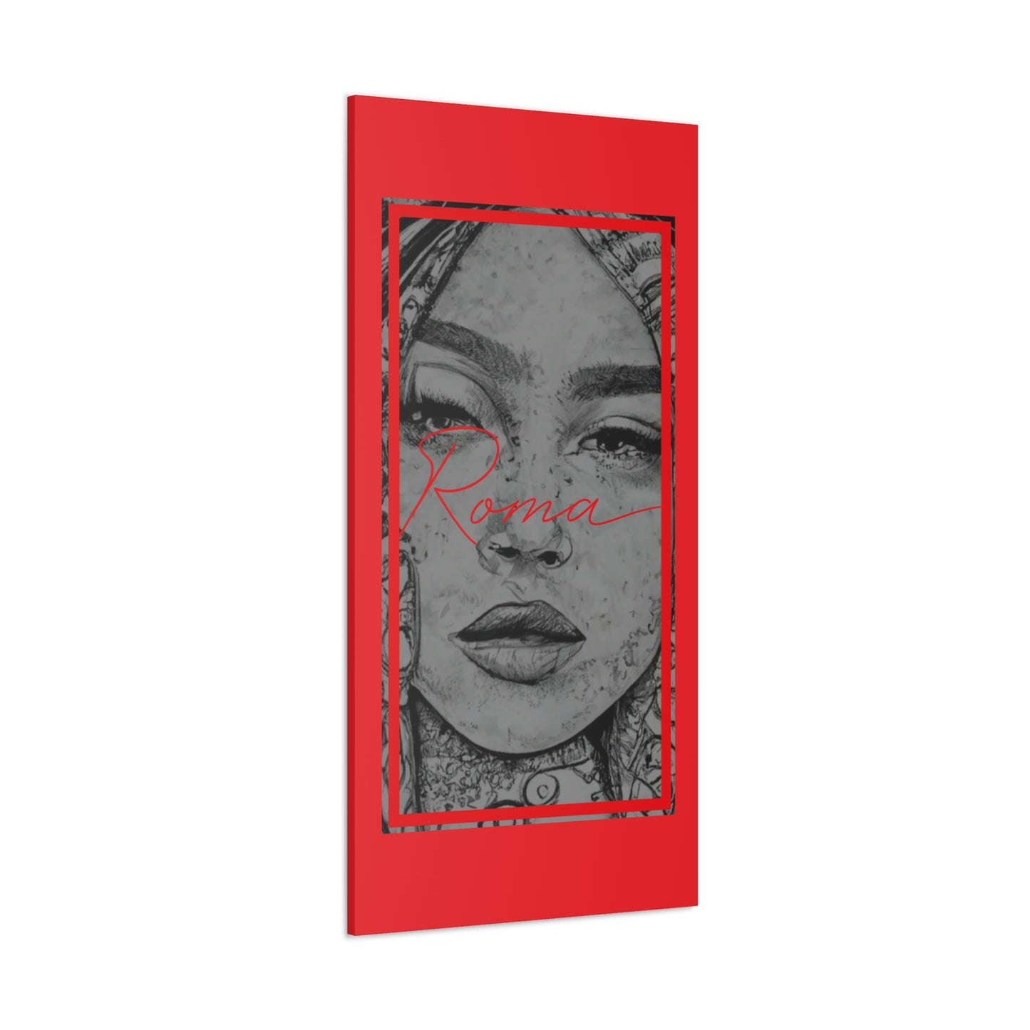 Art print on canvas capturing the intensity of emotion in a girl's eyes with the word ROMA beside her.