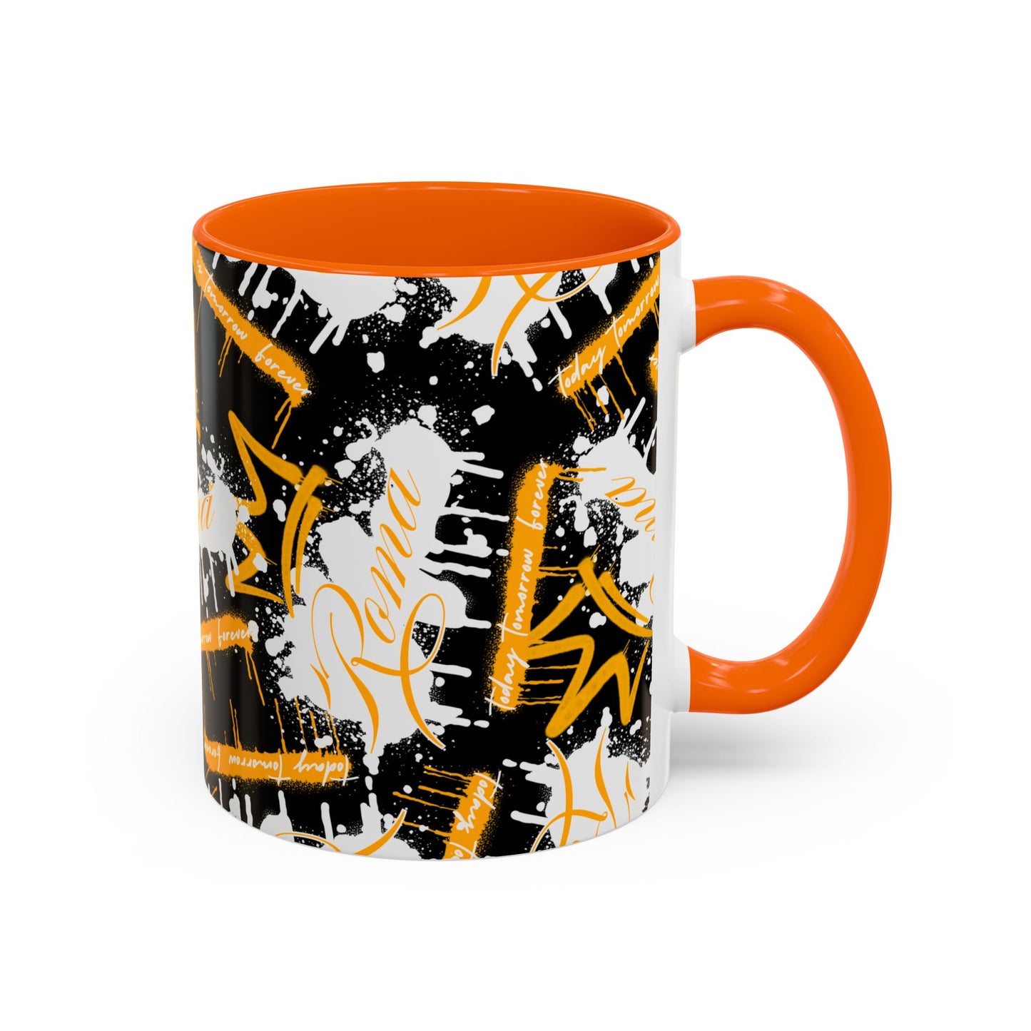 White ceramic mug with ROMA text in an artistic, hand-lettered style.