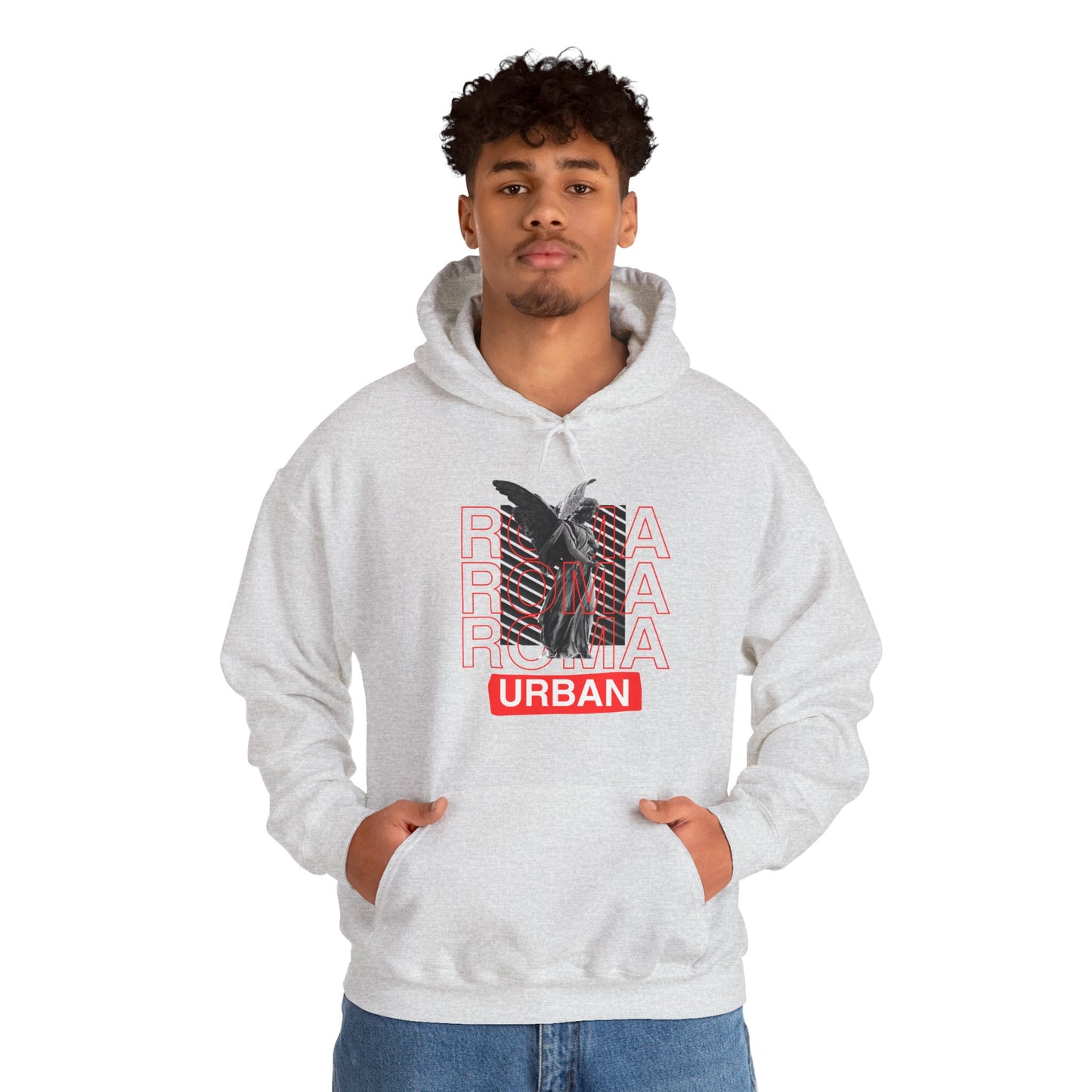 Streetwear hoodie showcasing a Roma statue overlaid on capital ROMA letters, with urban typography.