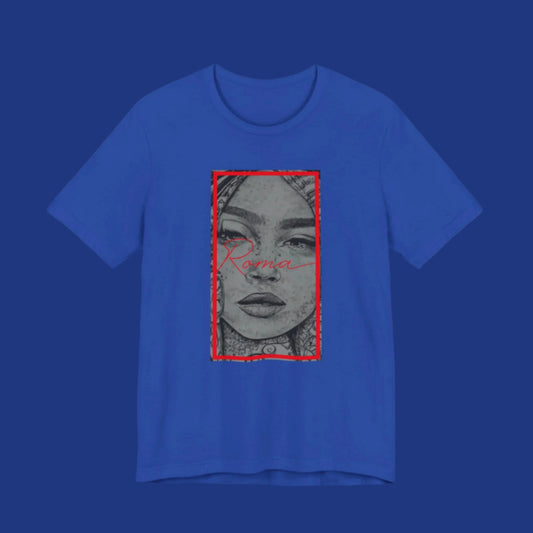 Casual black t-shirt showcasing a detailed statue of Roma, with large ‘ATTENTION’ text fading into the background and smaller ‘Roma’ text underneath.