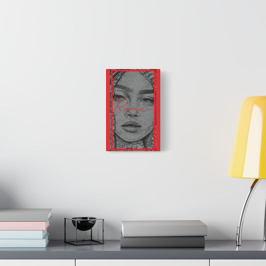Emotional art canvas with a poignant view of a girl’s expressive eyes, layered with a modern ROMA typographic overlay.