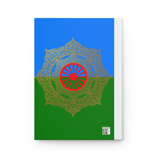 Notebook cover with striking red centerpiece framed by a regal gold crown-like circle.