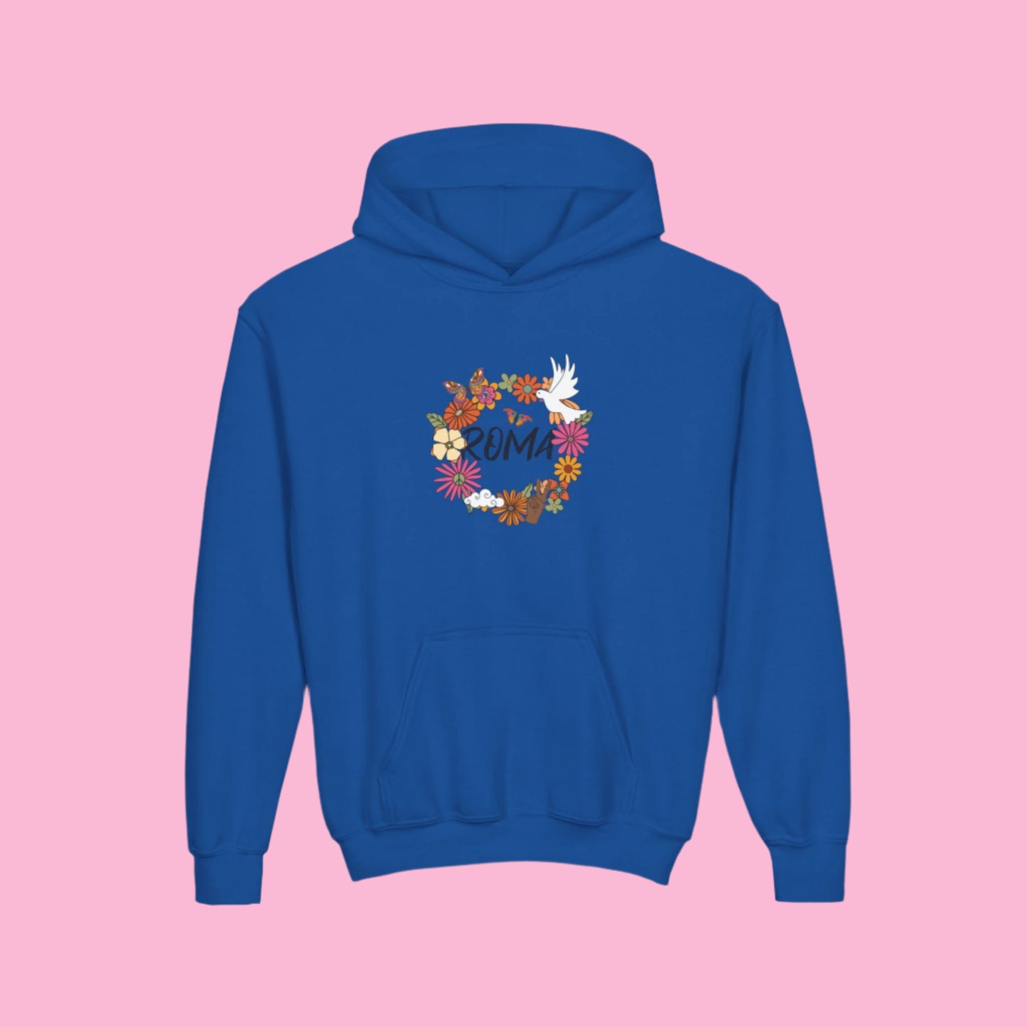 Blue hoodie for kids witjh ROMA print designs from Szukar Roma