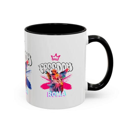 Classic white mug with bold black handle and rim, showcasing a delicate pink crown angel and ROMA branding.