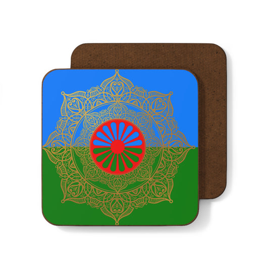 Cork coaster showcasing bold Roma patterns in a symmetrical tribal style.