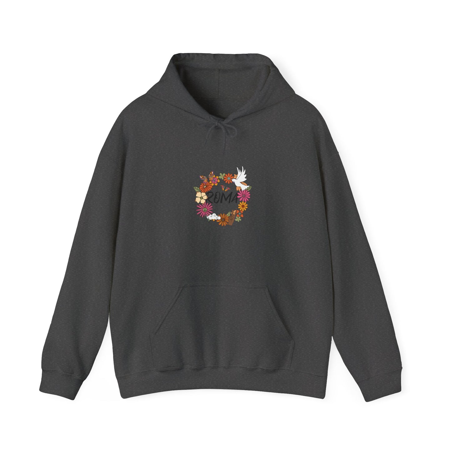 Relaxed-fit hoodie with embroidered-style floral border, peaceful dove image, and clean-lined “ROMA” text.