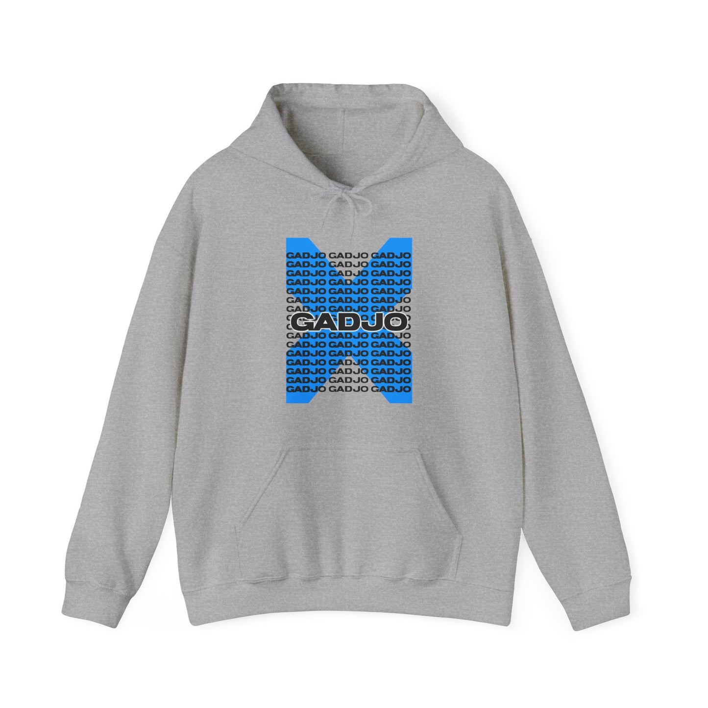 Hoodie displaying “GADJO” text in a distressed style with fading edges for a worn look.