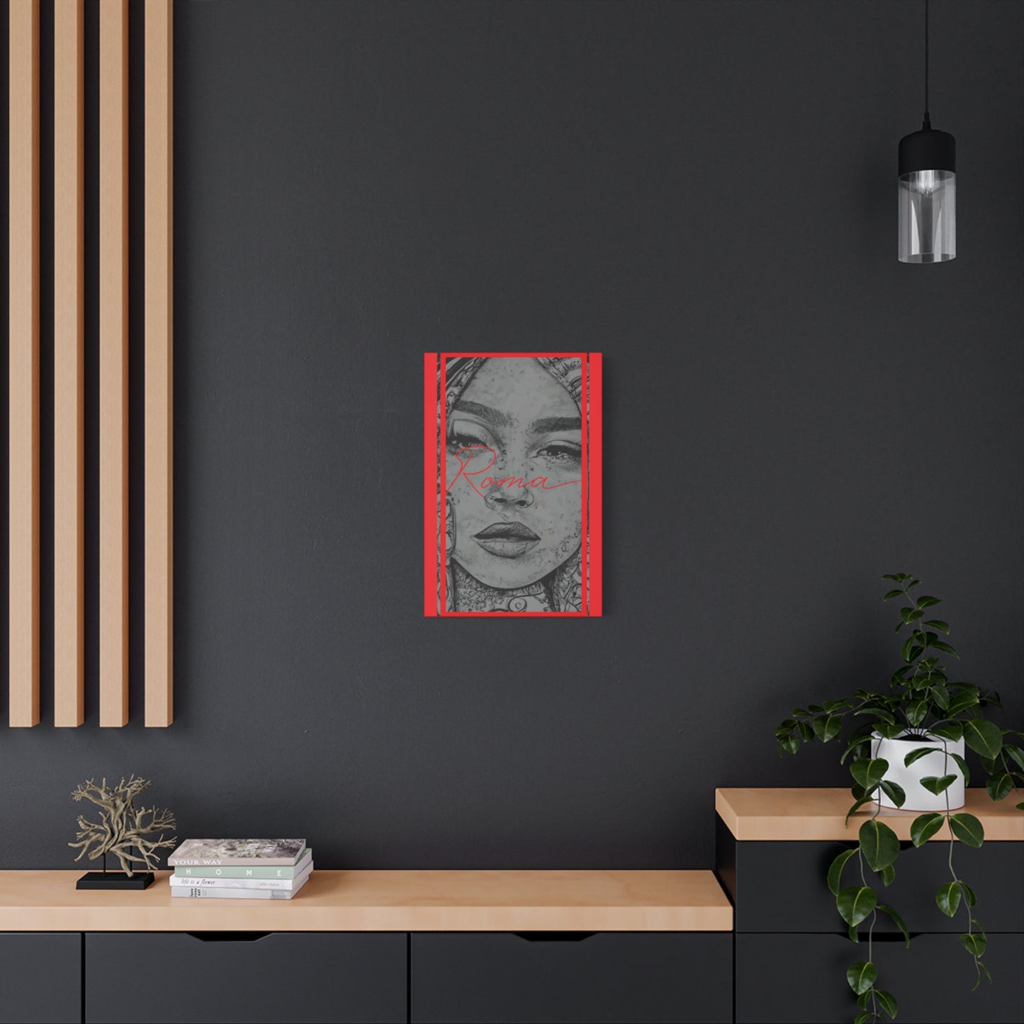 Artistic wall décor featuring a detailed girl’s face with glistening tears, complemented by statement ROMA lettering.