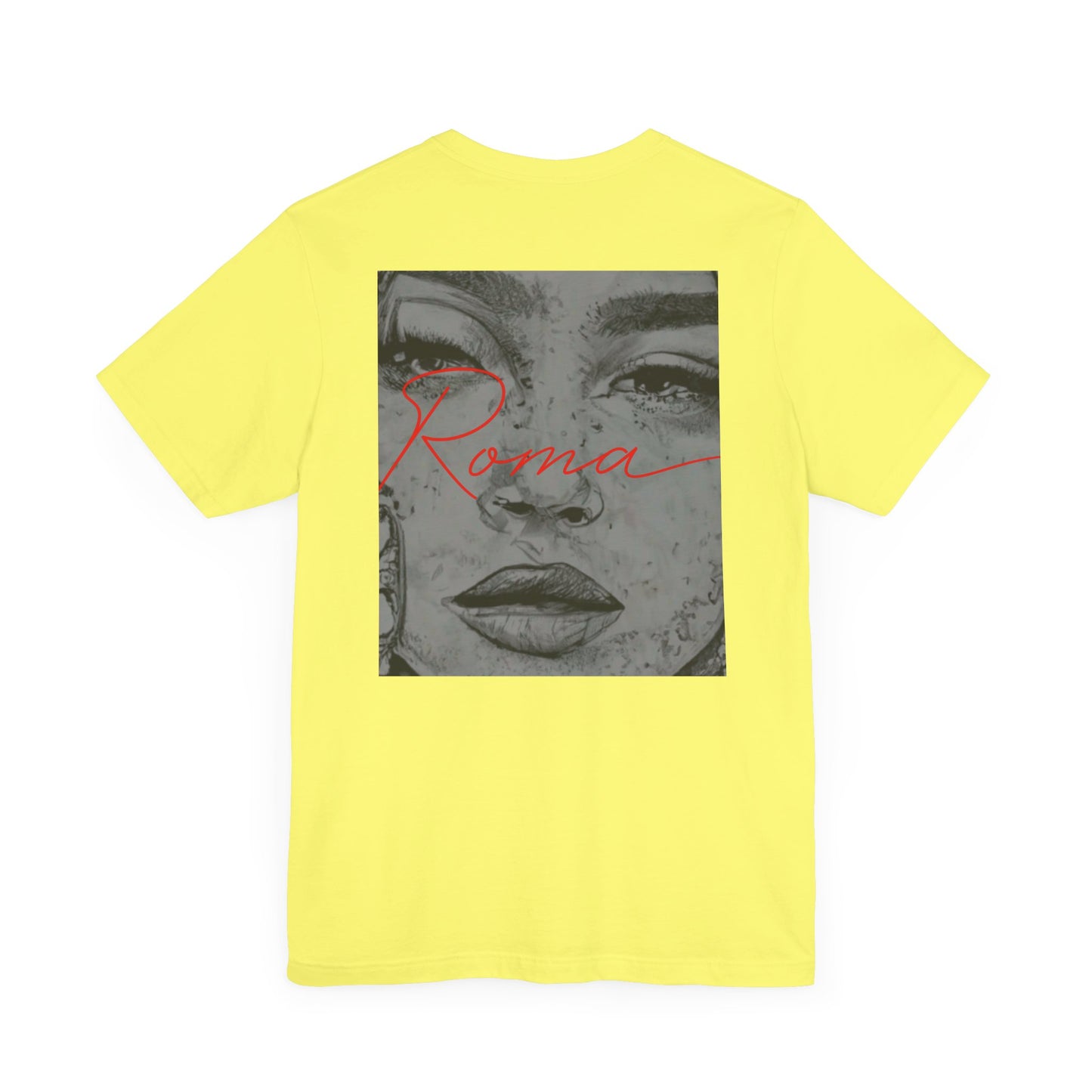 Streetwear-inspired tee with a Roma statue front graphic, ‘ATTENTION’ text shadowed behind, and ‘Roma’ below the statue.