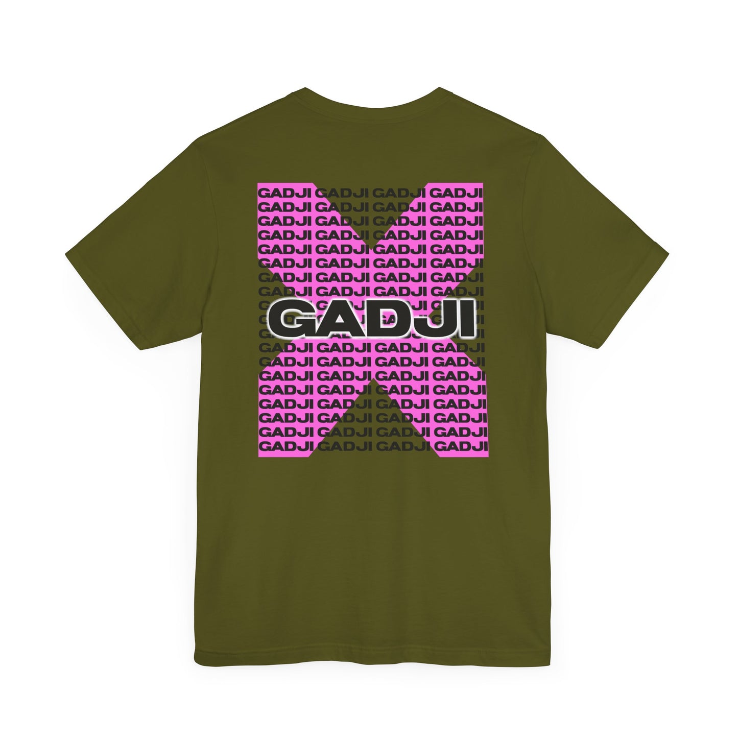 Casual shirt featuring GADJI text designed in sharp Roman serif font with subtle shadow and embossing.