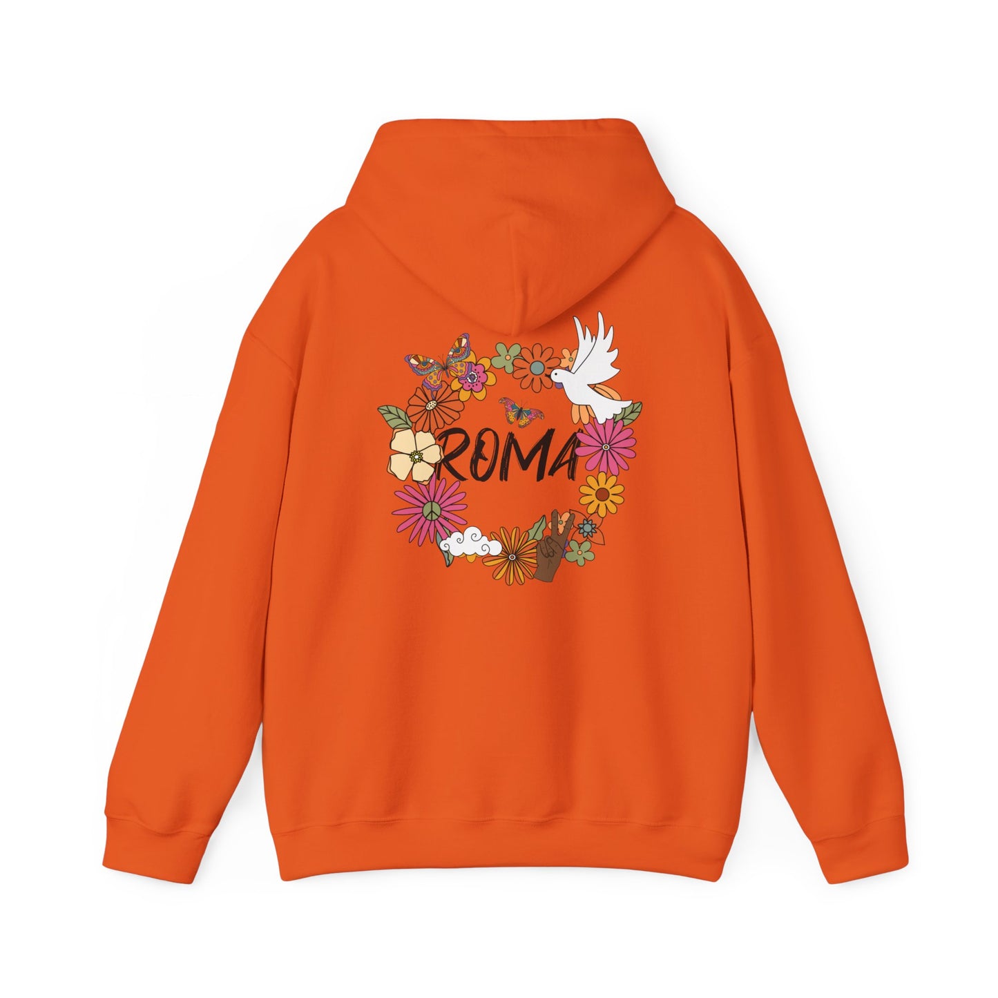 Hoodie with a detailed circle of flowers and a dove resting within, “ROMA” text centered in the middle of the design.