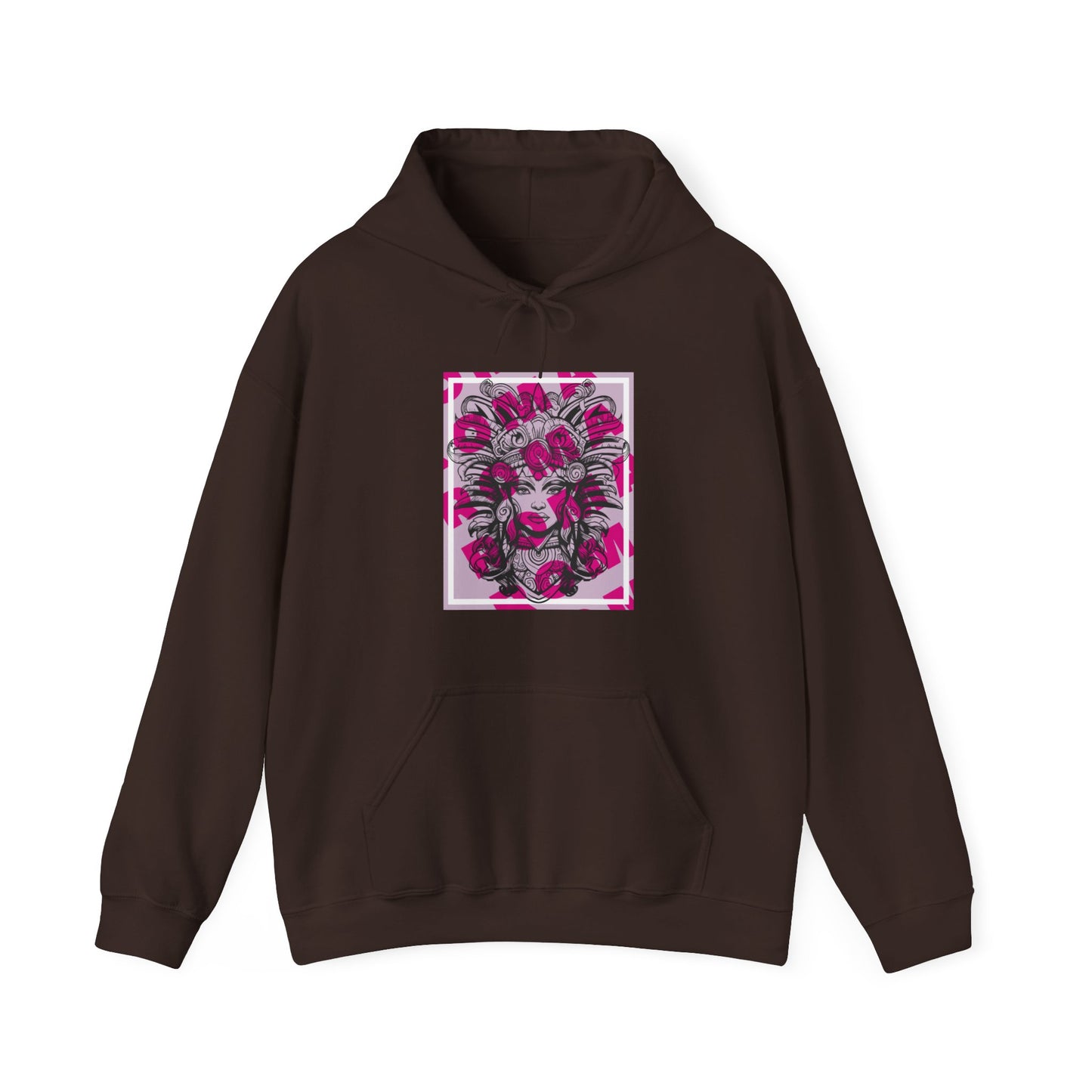 Fashion-forward hoodie with abstract brushstroke close-up of a girl's thoughtful expression.