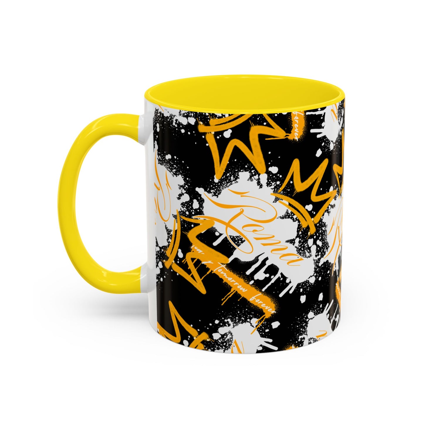 Coffee cup with striking ROMA lettering printed prominently on the front.
