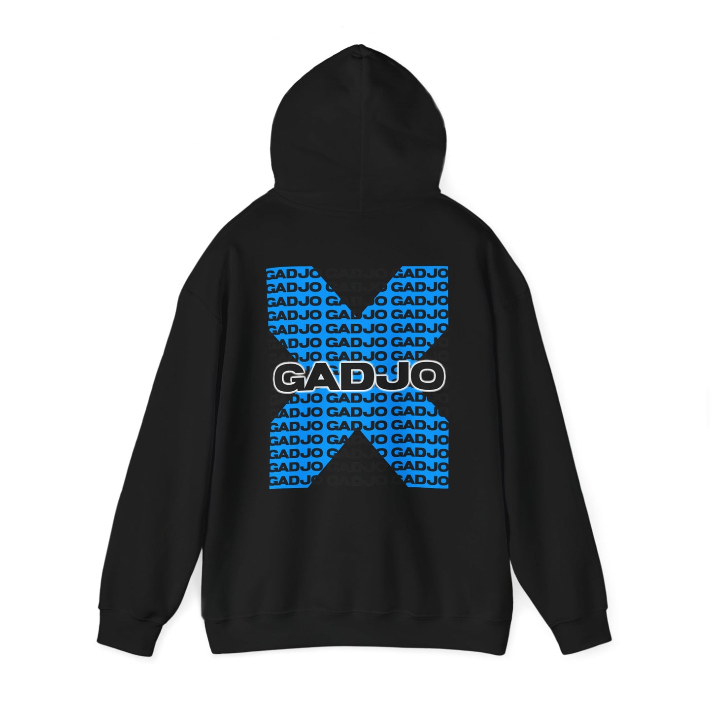 Hoodie with “GADJO” text in bold graffiti style paired with paint splatter graphics.