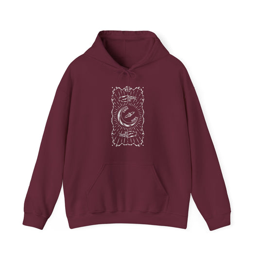 MAROON hoodie with lunar-inspired ROMA text design across the chest