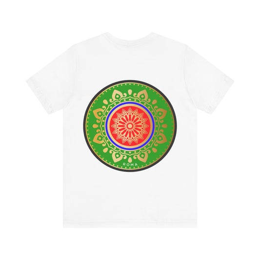 Graphic short sleeve t-shirt with Roma logo inside a colorful circle.